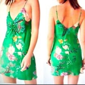 Zara green mini slip dress, size small. Floral and bird print